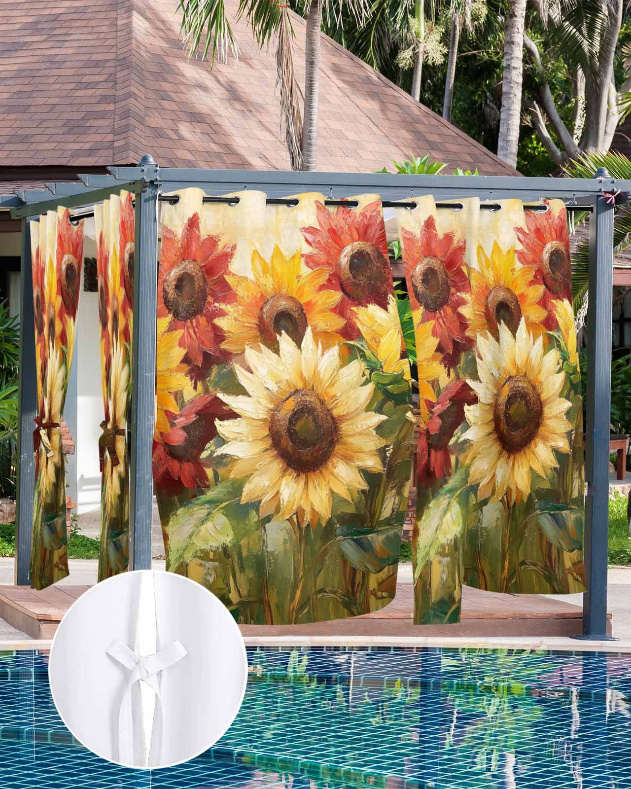 nqOlkjepod Outdoor Curtains for Patio Waterproof, Summer Sunflowers Outdoor Privacy Panels Grommet, Abstract Oil Painting Red Yellow Floral Blackout Outside Curtains for Porch 54"x95", 1 Panel