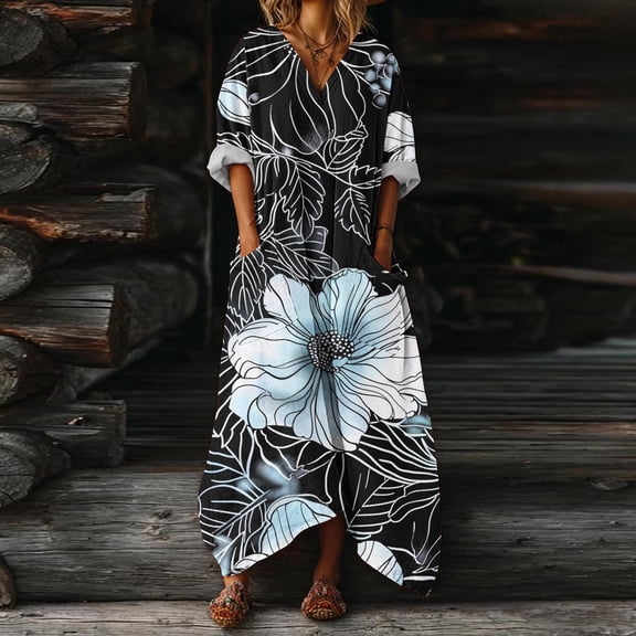 Ynynloco Women's Cotton Casual Long Sleeve Loose Maxi Shirt Dress Floral Print Long Dress with Pockets