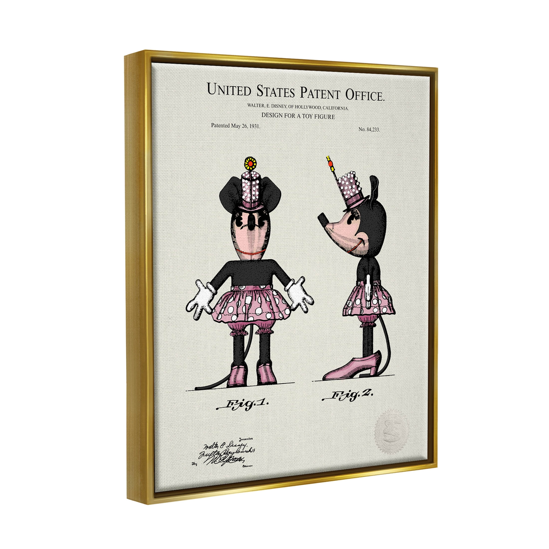 Stupell Industries Pink Mouse Character Patent Graphic Art Metallic Gold Floating Framed Canvas Print Wall Art, Design by Karl Hronek