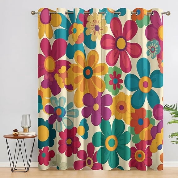 Retro Floral Curtains, Colorful Flower Blackout Curtains, Multicolor Curtains For Bedroom Living Room Decor, Thermal Insulated Grommet Drapes 26"W x 54"L (Pack of 2)