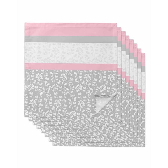 Pink Grey Cloth Napkins Set of 8 Reusable Dinner Napkins, Chic Garden Floral Stripe Aesthetic Flower Boho Cocktail Napkin Washable Table Napkins for Wedding/Holiday Party/Baby Shower 20"x20"