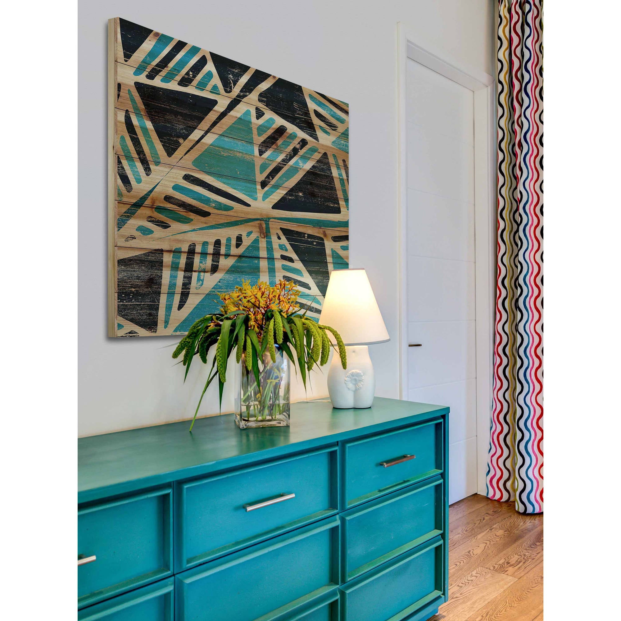 Marmont Hill - "Teal Triangles" Painting Art Print on Natural Pine Wood