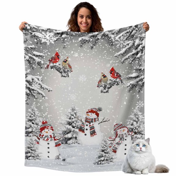 Throw Blanket for Couch, Christmas Tree Snowmen Soft Cozy Warm Flannel Blanket 40x50in, Grey Snowscape Bird Lightweight Fleece Throw Blankets for Sofa Bedroom Office All Season Use