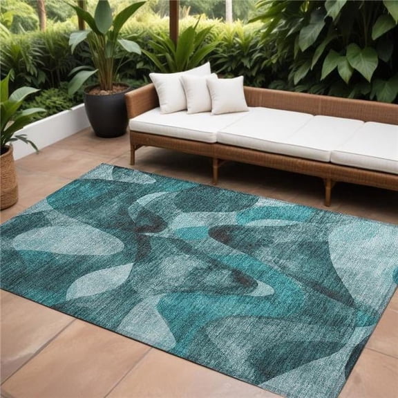 HomeRoots 561630 8 x 10 ft. Teal Abstract Washable Non Skid Indoor Outdoor Rectangle Machine Woven Area Rug