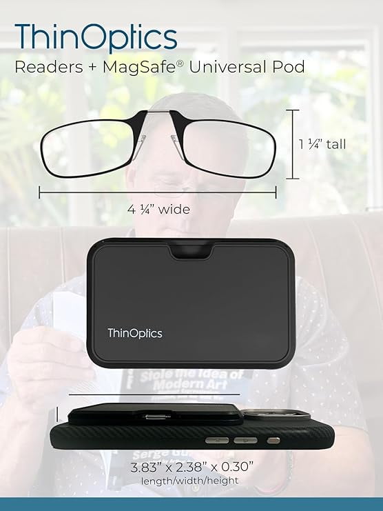ThinOptics Readers with Wallet - Armless On-Nose Reading Glasses - Slim Wallet Attaches to Phone - MagSafe Compatible