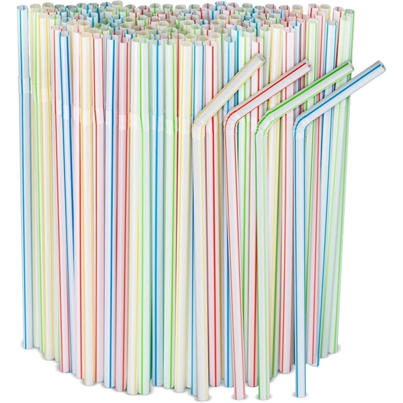 100 Pack Striped Flexible Plastic Drinking Straws Disposable Straw 8''