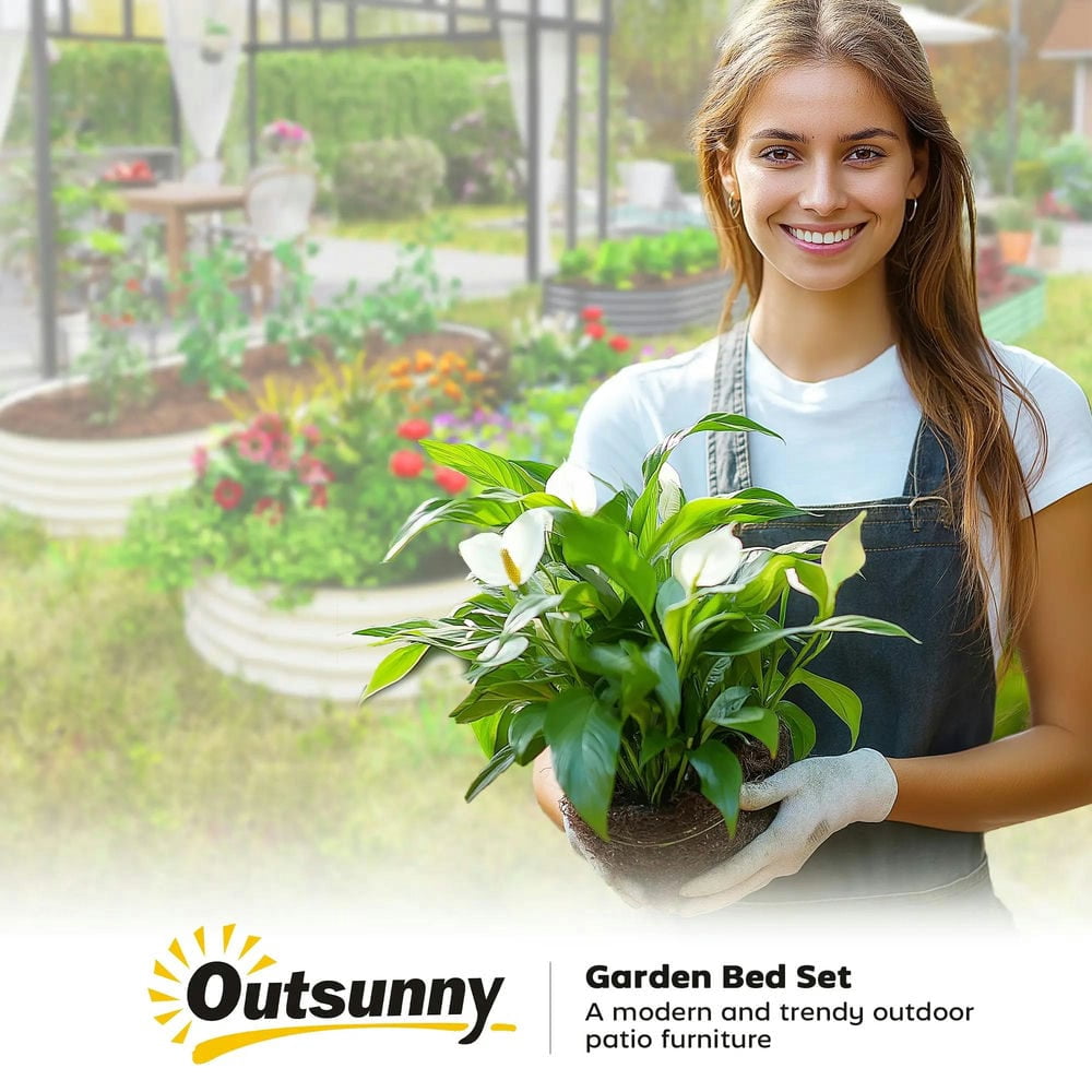 Spaco 7' x 3' x 1' Raised Garden Bed Set, 2-Piece Raised Beds for Gardening with Metal Plant Stakes, Cream White