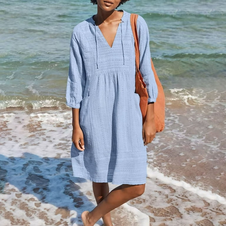 BLVB Womens V Neck Cotton Casual Loose Tunic Summer Fall Dresses Beach  Sundress Vacation Dress 3/4 Sleeve Pocket - Walmart.com