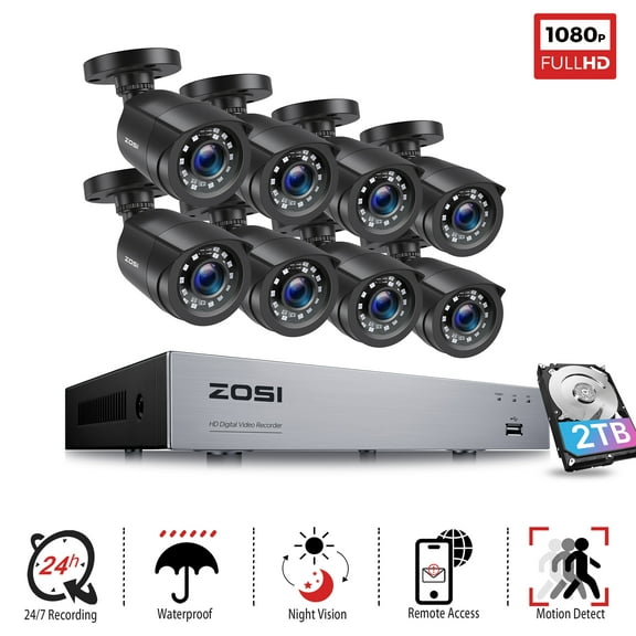 ZOSI 8CH 5MP Lite DVR 1080P Outdoor Indoor CCTV Wired Security Surveillance Camera System Kit IR Night Vision 2TB HDD, Remote Access, Motion Detection, 24/7 Record