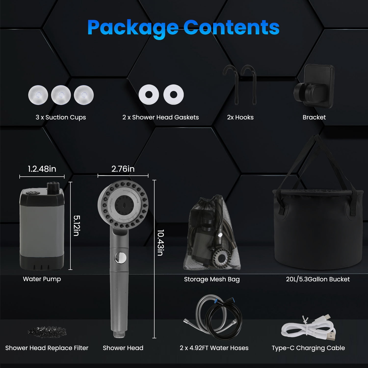 Moclever Portable Camping Shower, IPX7 Waterproof 6000mAh Rechargeable Shower Pump, Shower Head, 5.3Gallon Foldable Bucket, Black