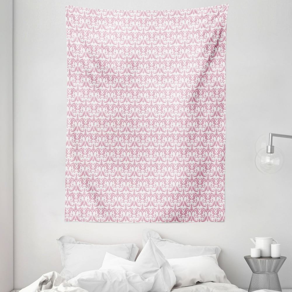 Pink Damask Tapestry, Monochrome Romantic Abstract Leaves and Flowers