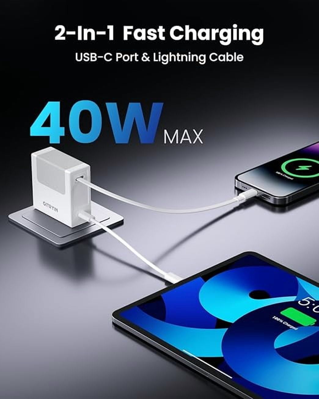 Gitryin Portable USB Phone Charger Block, Retractable Wall Charger with 33.5in Retractable Lightning Cable, 40W Fast Charging Block with USB C Port, Power Adapter with Foldable Plug for iPhone.