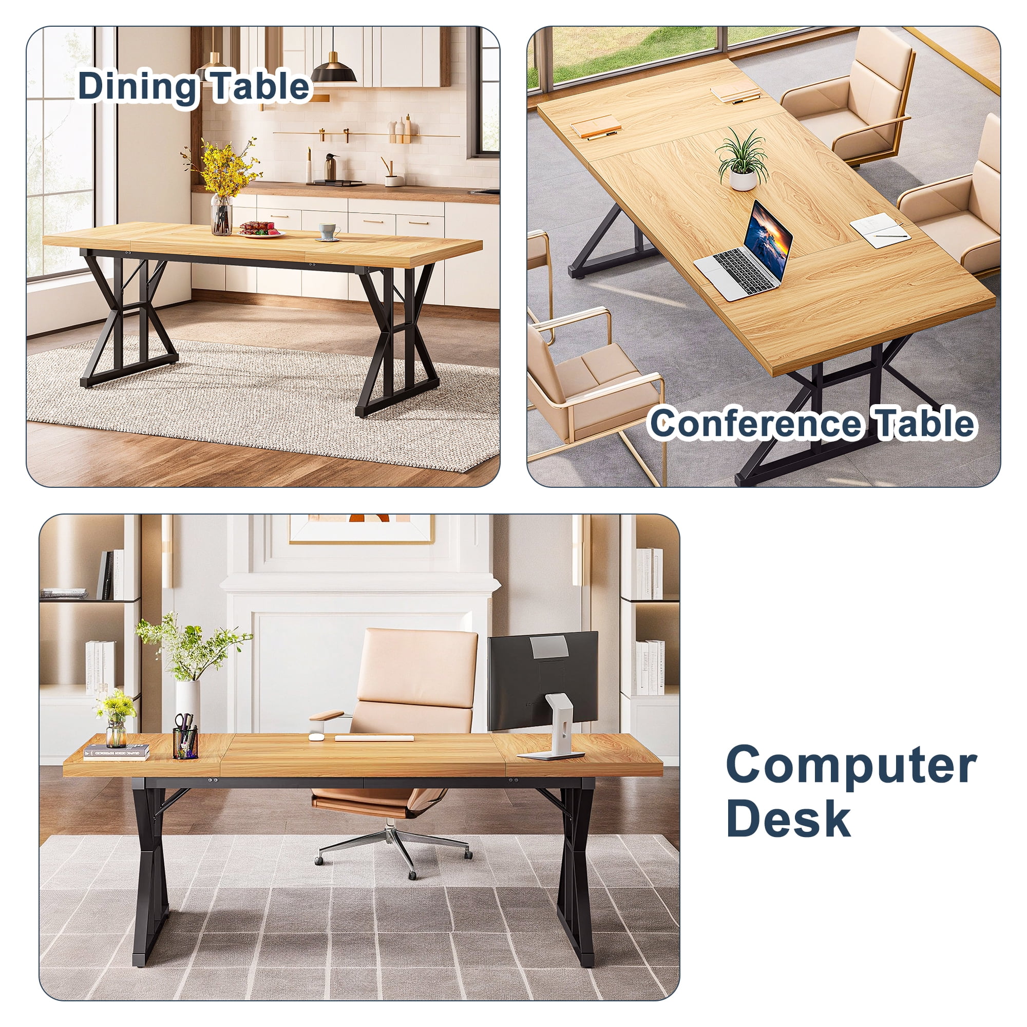 Demi Bonn 71" Farmhouse Dining Table, Wood Rustic Kitchen Table for 6 People, Large Rectangular Dinner Table for Dining Room, Home Office, Living Room Furniture, Beige & Black