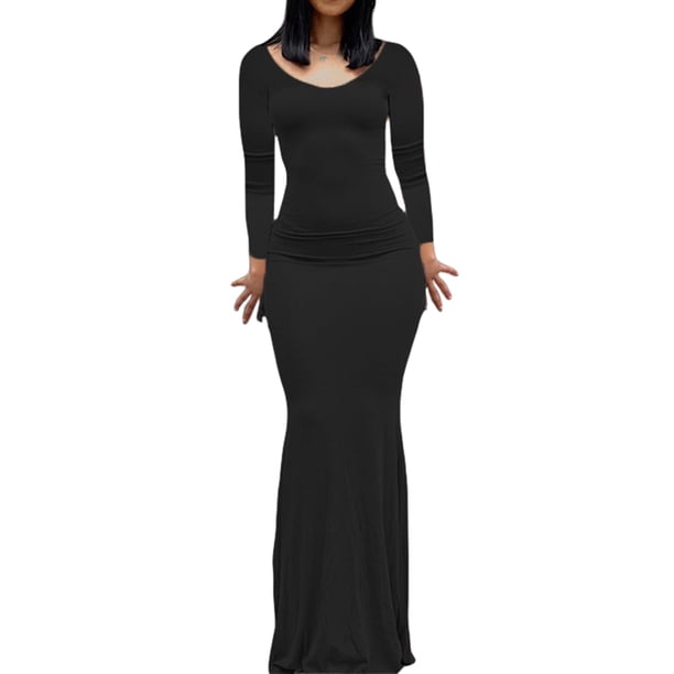 VISgogo Vestido Casual para Mujer Color Sólido Manga Larga Cuello Redondo Slim Fit Home Vestido Largo VISgogo moda