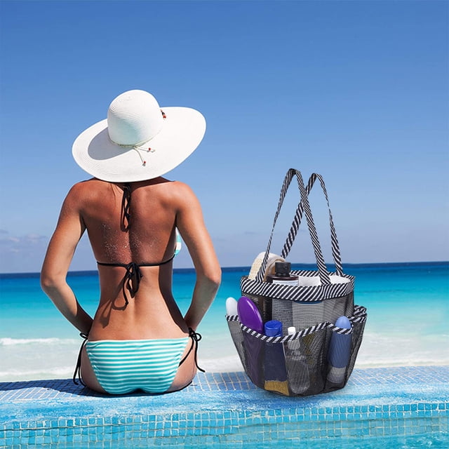 Bolsa de playa de malla resistente a la arena, ligera, de gran capacidad, para piscina, con 9 bolsillos de malla y compartimento con cremallera | Bolsa de viaje multiusos para guardar juguetes y