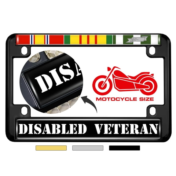 Motorcycle Metal License Plate Frame with 3 Service Ribbons Vietnam Disabled Veteran Design
