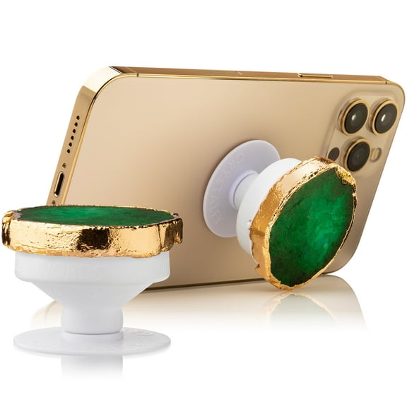 CRYSTALFY: Crystal Phone Grip & Phone Stand with Authentic Natural Green Druzy Quartz Gemstone with Gold Edge Swappable Top, Expandable Collapsible Holder for Smartphones and Tablets