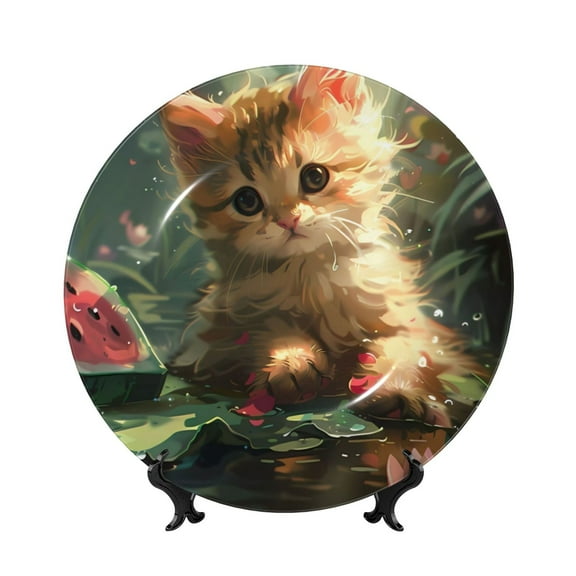 Kdxio Cute Kitten Water Lilies Bone China Decorative Plate Ceramic Decorative Plate for Home Office Wall Stand Decorative Plates for Home Bedroom-6in