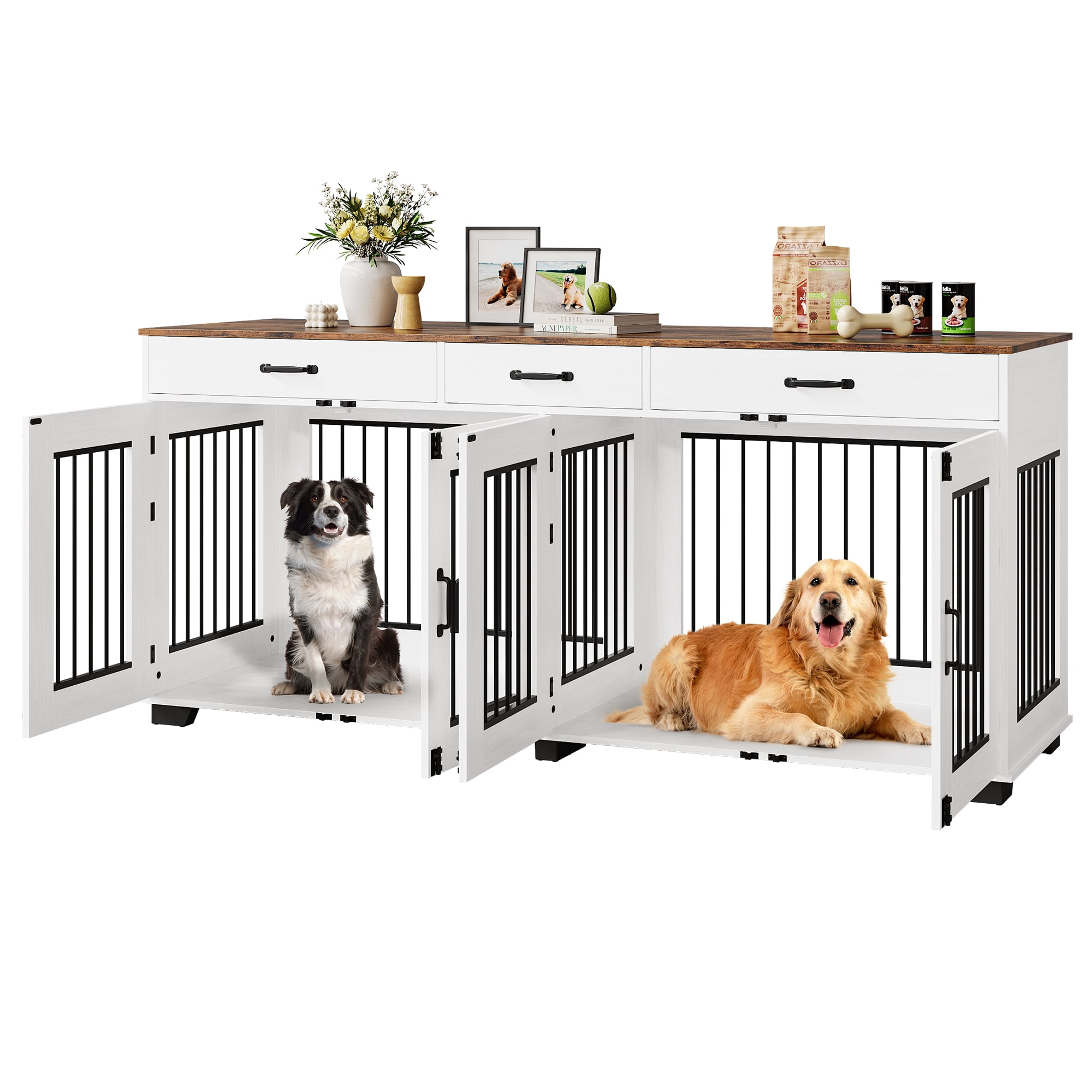 71-Inch Large Dog Crate with 3 Drawers for 2 Dogs, Spacious Wooden Indoor Kennel with Divider, Large Breed Dog Crate and TV Stand, Perfect for Medium Large Dogs