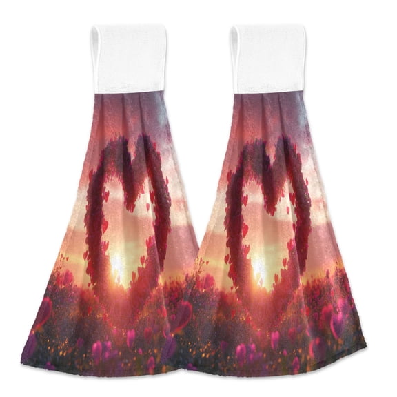 BZSMCE Hanging Hand Towels Fashion Heart Shaped Rose Pattern 2-Pack - Velcro Style Bathroom Kitchen Towels