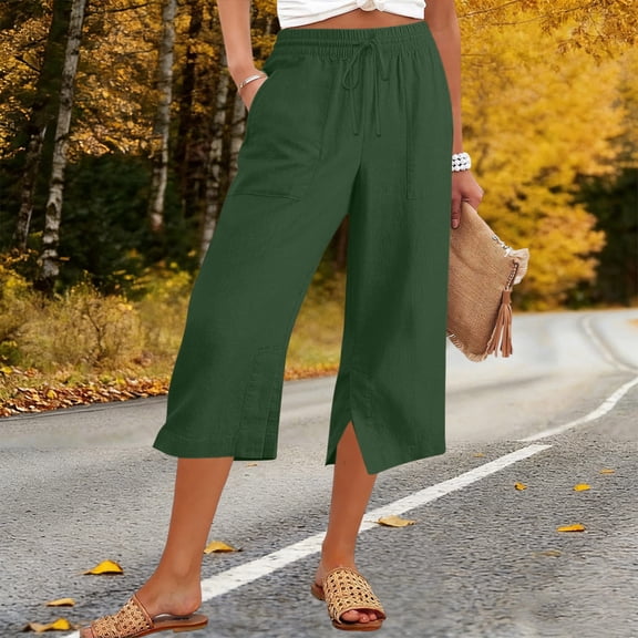 JUSLIO Capris for Women Linen with Pockets Casual Fashion Straight Leg Loose Capris Army Green L