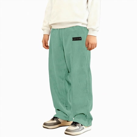 Kakishop Boys Corduroy Casual Pants Fashion Loose Fit Wide Leg Pants Straight Sweatpants Elastic Waist Drawstring (Light Green 11-12 Years)