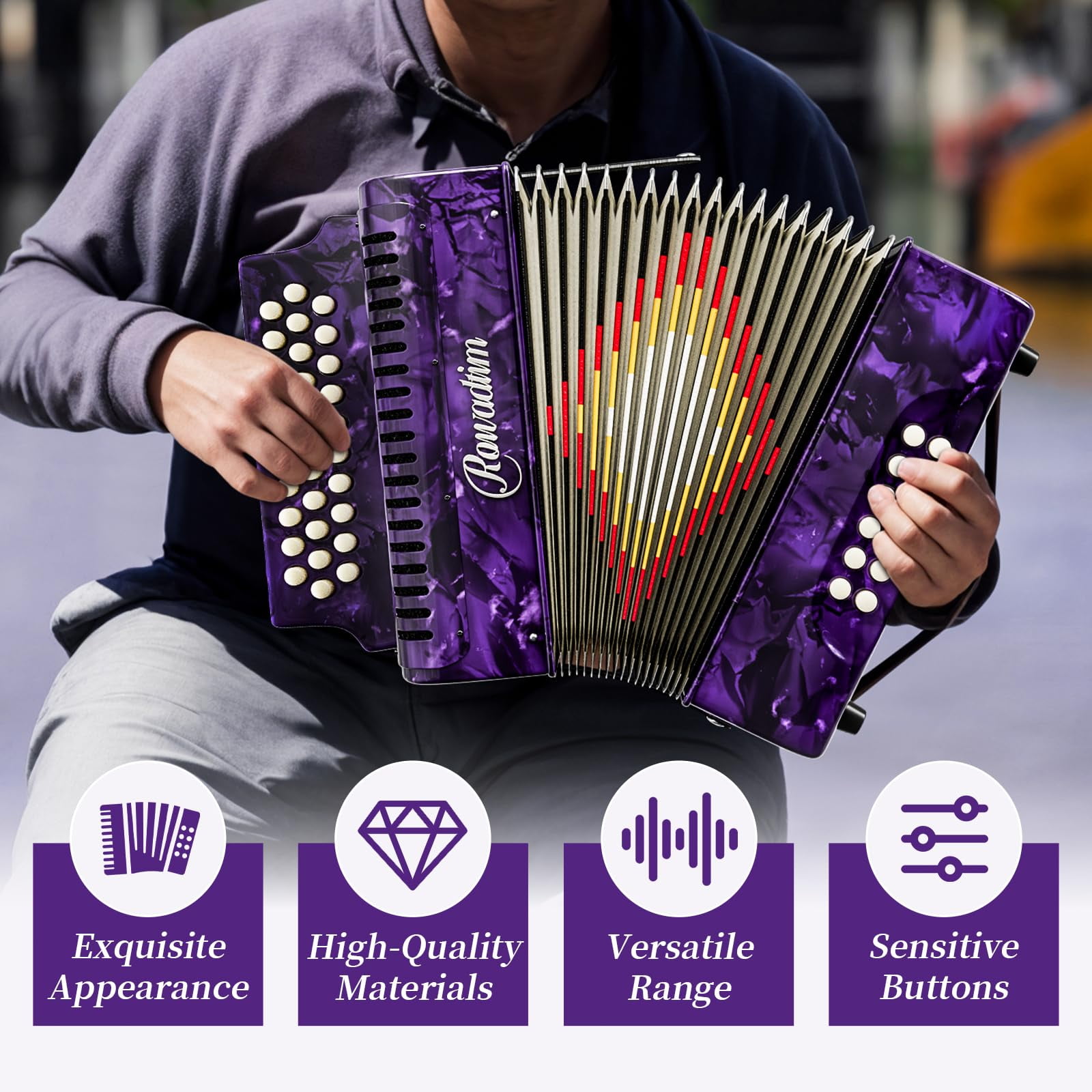 Rowadtim Accordion - 31 Keys, 12 Bass Professional Diatonic, Premium Portable Button Accordion for Adults & Beginners with Thick Protective Case (Purple)