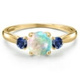 thumbnail image 3 of Gem Stone King 10K Yellow Gold Simulated White Opal and Blue Created Sapphire 3-Stone Ring for Women | 0.58 Cttw | Round Cabochon 6MM | Gemstone October Birthstone | Size 6, 3 of 6