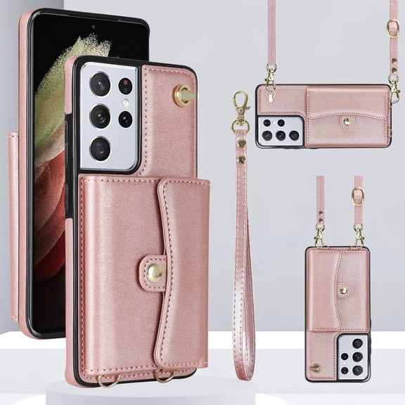 REQO Phone Case for Samsung Galaxy S21 Ultra 5G Wallet Cover with RFID Blocking Credit Card Holder Wrist Crossbody Strap Lanyard Stand Cell Accessories S21ultra 21S S 21 21ultra G5 Women Men Rose Gold