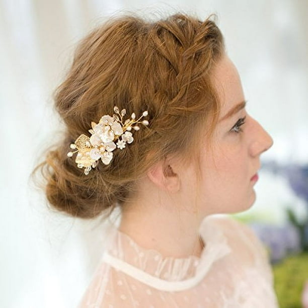 Bridal Hair Clips 2 Pcs Flower Wedding Hair Comb Pins Gold Bridal Hair Clips 2 Pcs Flower Wedding Hair Comb Pins  main image 3