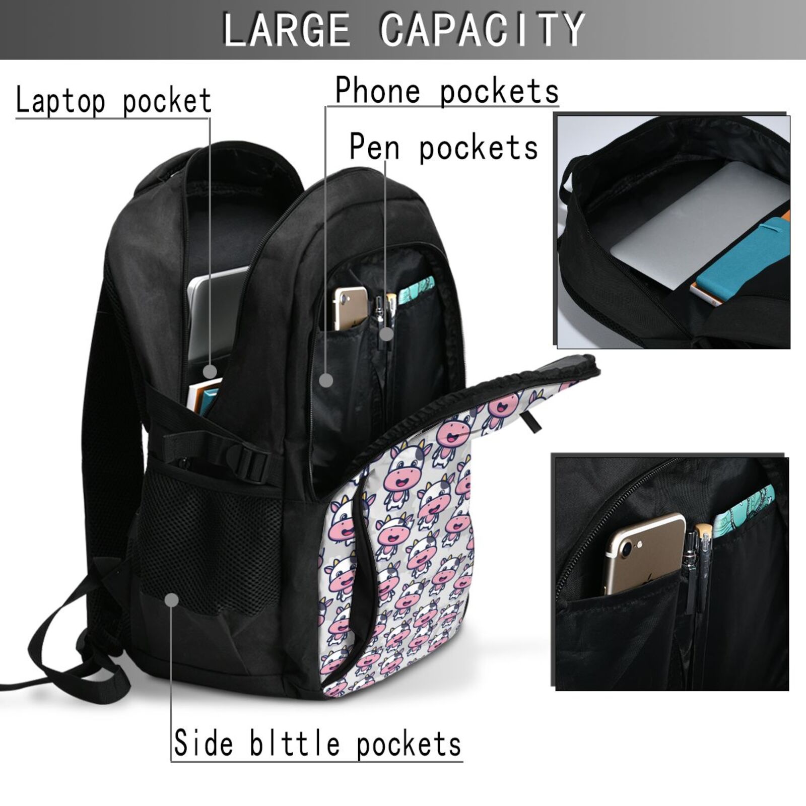 Vsdgher Baby Cow Print Travel Laptop Backpack, Laptops Backpack with USB Charging Port, Water Resistant Computer Bag Gift for Men & Women