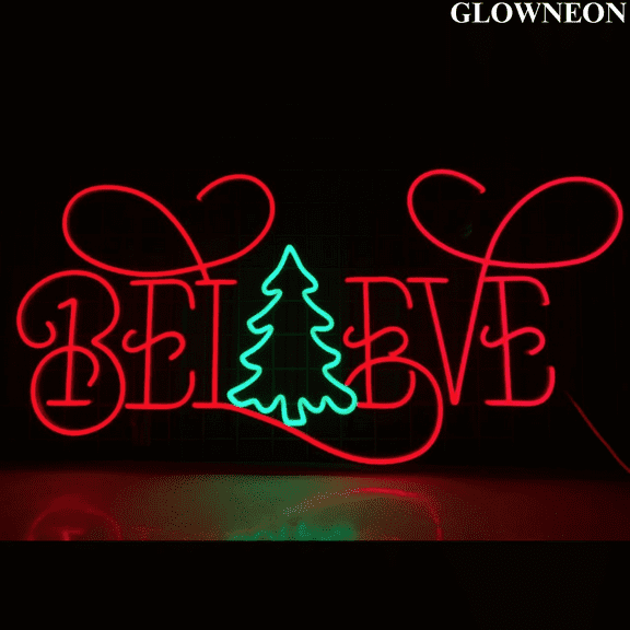 Glowneon Believe Neon Sign, Merry Christmas Led Sign, Xmas Wall Decor