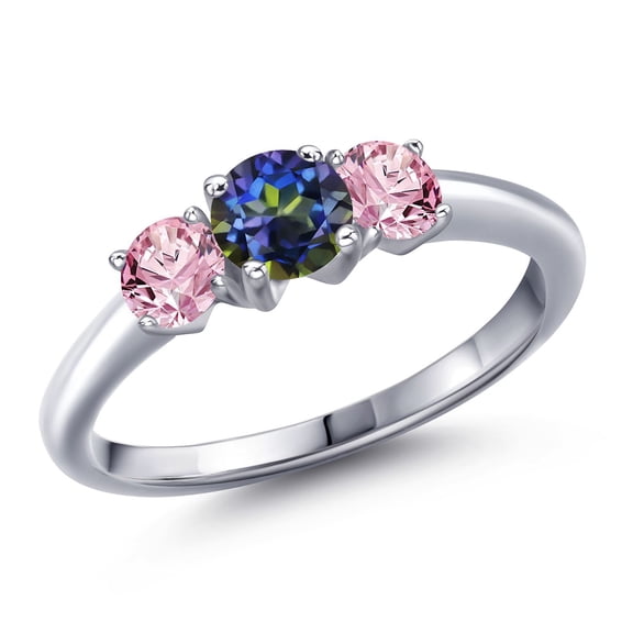 Gem Stone King 925 Sterling Silver Blue Mystic Topaz and Pink Lab Grown Diamond Engagement Ring for Women | 1.00 Cttw | Round 5MM | Gemstone November Birthstone | Size 8