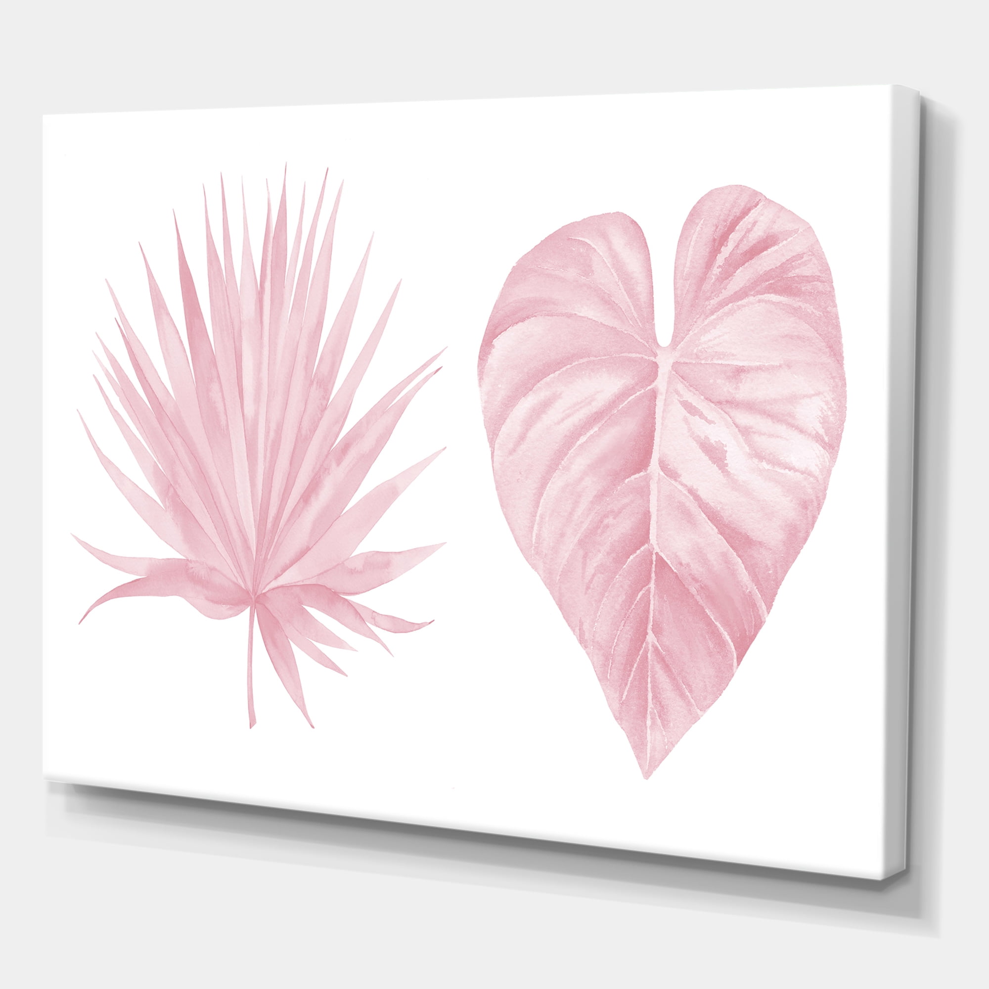 Designart ' Tropical Pink Watercolour Leaves On White II ' Shabby Chic Canvas Wall Art Print