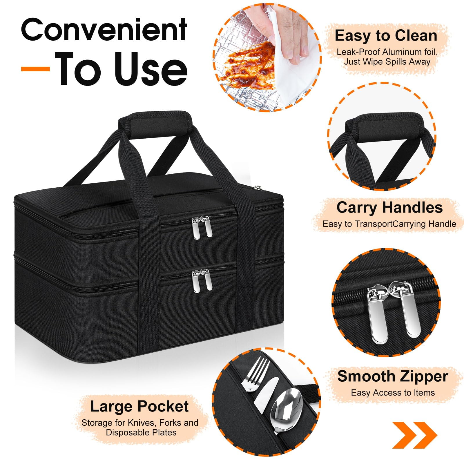 Double Insulated Casserole Carrier - Portable Hot & Cold Food Lunch Tote, Lasagna Carrier for Potluck Parties, Fits 9" x 13" Baking Dish, Black