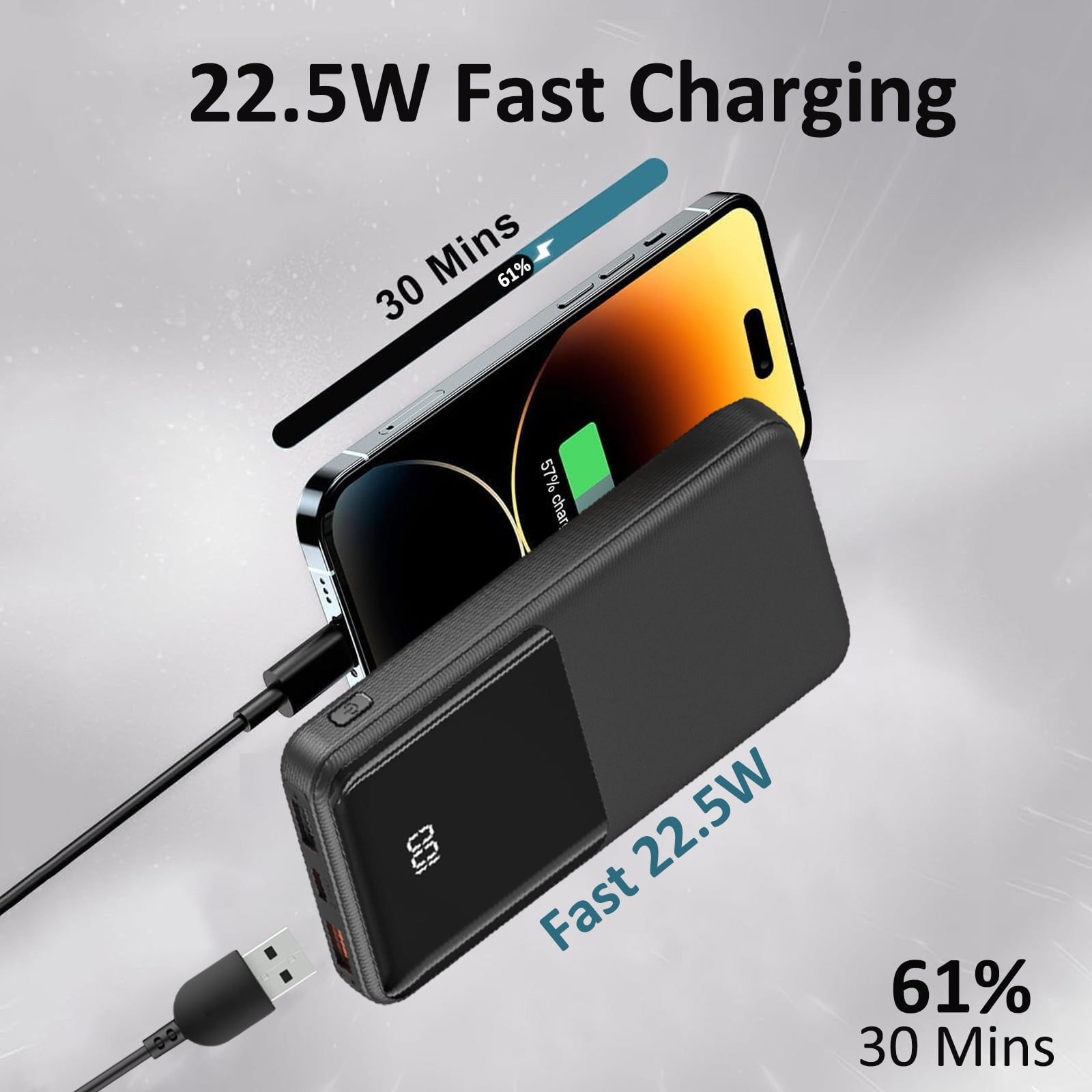 22.5W Portable Phone Charger with Built-In Cable, XUDUO 10000mAh Fast Power Bank USB C Battery Pack for iPhone, Samsung