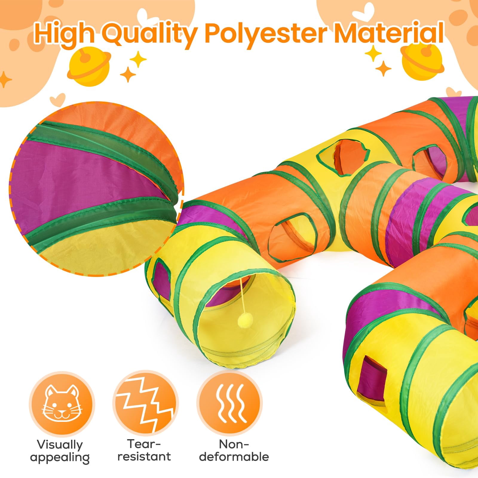 Petizer H-4-Way Collapsible Cat Tunnel, Tear-Resistant Interactive Pet Tube Toy with Dangling Ball for Indoor Cats, Kittens & Small Pets
