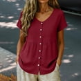 thumbnail image 5 of Women's Blouses Breathable Casual Cotton Linen Tops Crew Neck Short Sleeve Button Down Tee Summer Shirts Red XXL, 5 of 8