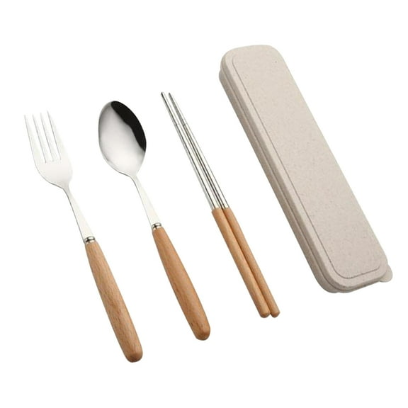 Worgeous Stainless Steel Chopsticks and Spoon Fork Set with Wood Handle Portable for Travel Home Camping 3pcs