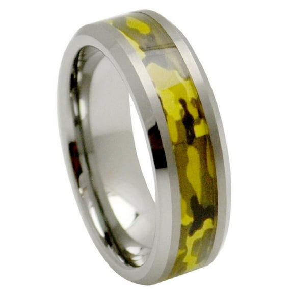 Custom Personalized Engraving Wedding Band Ring Set for Him & Her - 8mm Beveled Edge with Army Green Camouflage Inlay