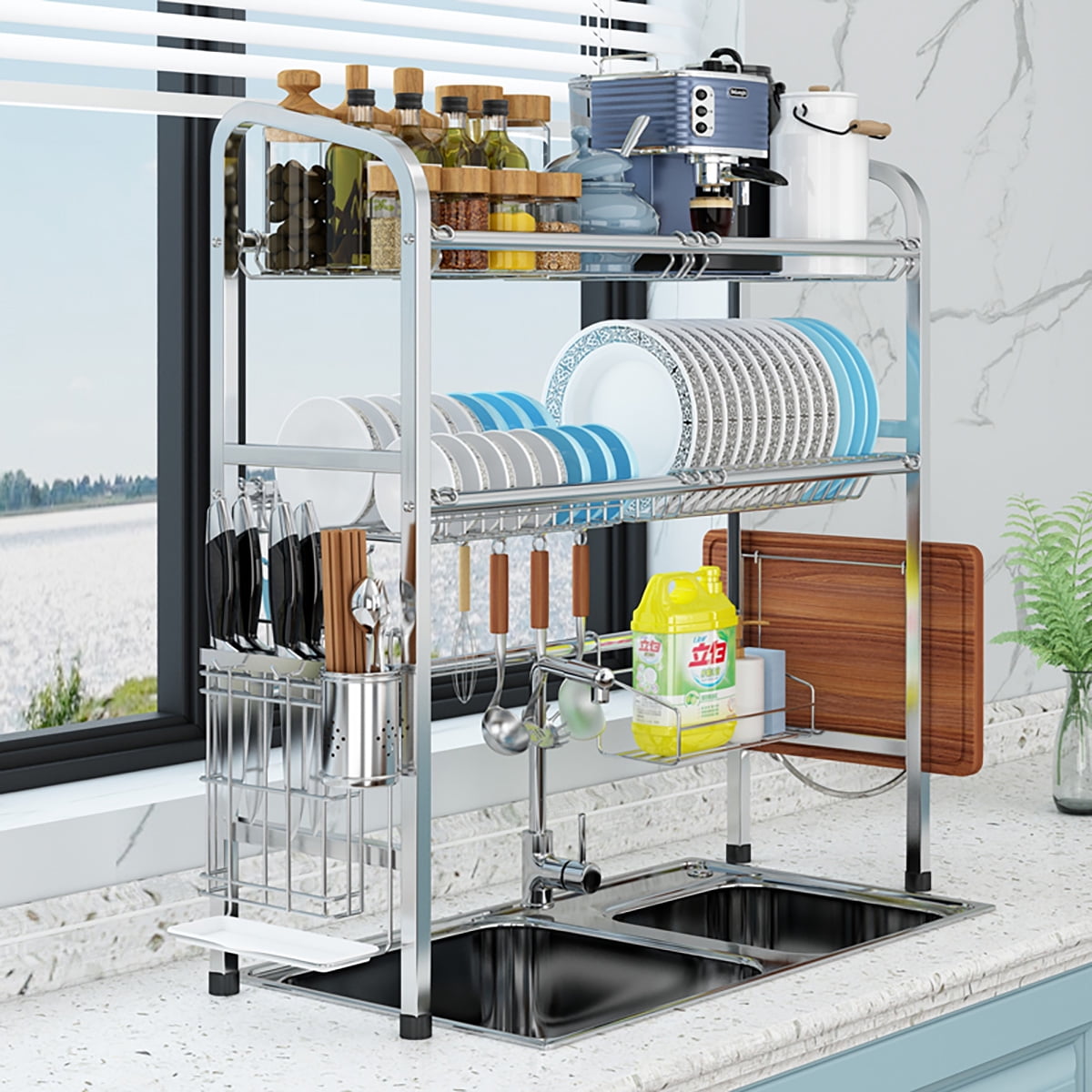 Over the Sink Dish Drying Rack Large Dish Rack Stainless Steel Dish Drainer Easy Install Non Slip Dish Dryer Utensil Holder Cutting Board Holder Kitchen Sink Shelf Storage Rack Walmart