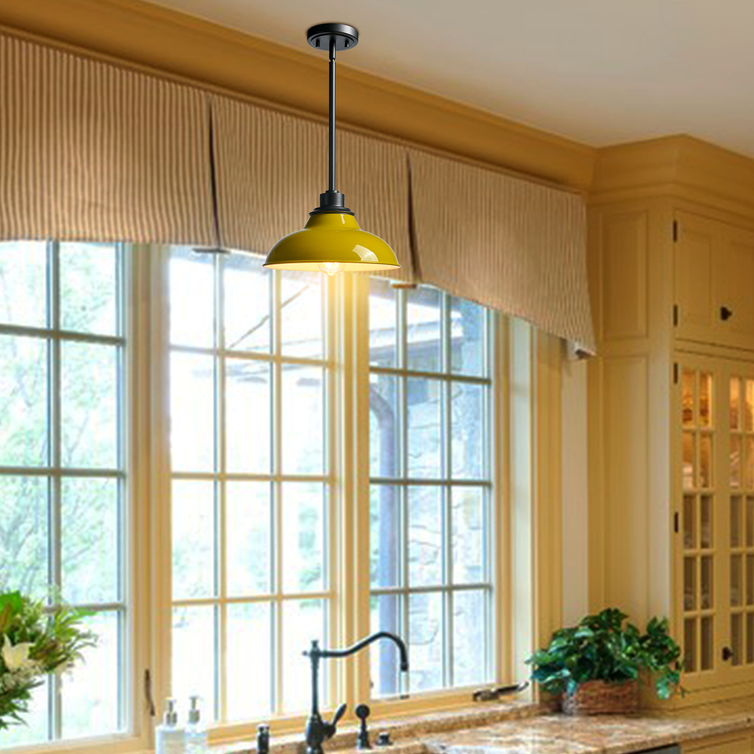 Claxy Yellow Barn Style Pendant Light Fixtures with Dark Grey Rods