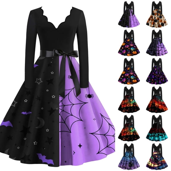 Halloween Dresses for Women Pumpkin Candy Long Sleeve 1950s Cocktail Funny Dress V Neck Hepburn Fall Classic Dresses with Belt 5XL
