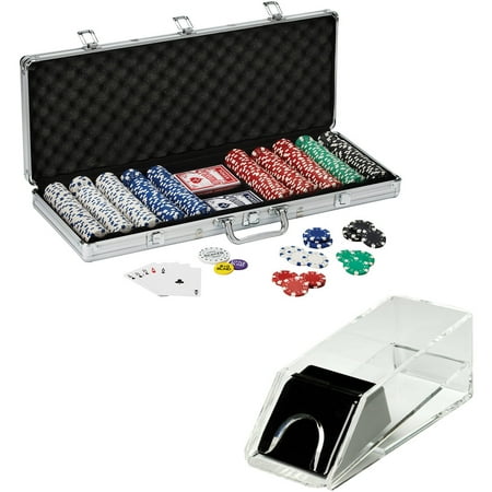 Texas Hold'em Poker Chip Set and Acrylic Card Shoe Bundle by Fat Cat