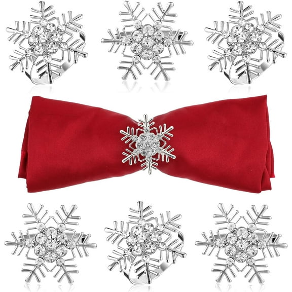 Christmas Snowflake Napkin Rings, 6Pcs Xmas Metal Rhinestone Serviette Ring Holder Buckle Santa Dinner Tables Setting Decorations Napkin Holder for Christmas Wedding Parties Table(Silver)