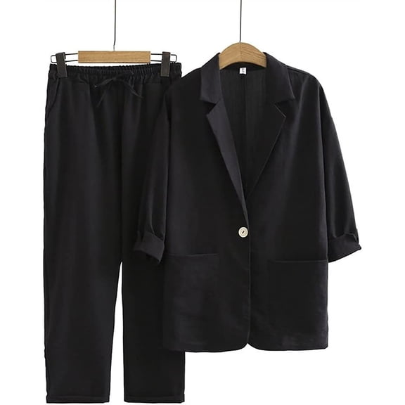 Brnmxoke Women's 2 Piece Outfit Linen Long Sleeve Button Blazer Shirt Loose Fit Pants Matching Lounge Sets Trendy Business Work Travel Vacation Outfits