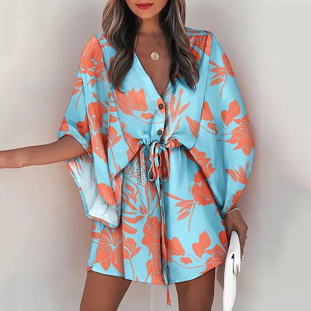 Summer Casual Boho Dresses Women's Flora Printed Batwing Sleeve Lace-Up Dress Female Irregular Sexy Beach Mini Dresses VestidosM Gao Jinjia LED