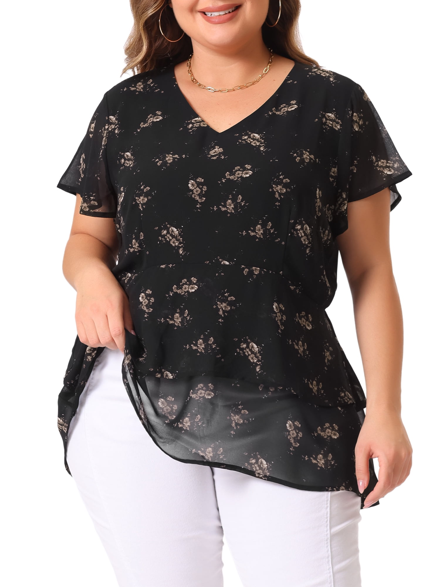DARING DIVA Women's Plus V Neck Short Sleeve Casual Floral Blouse 2X Dark Black