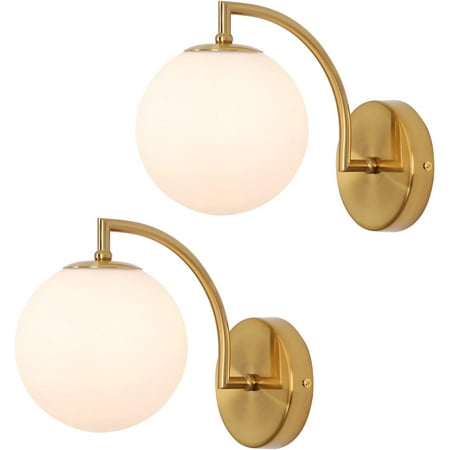 

ZCYH Mid Century Wall Sconce Set of Two Modern Style Gold Wall Lamp Fixture with Milky Globe Bedside Wall Sconce Brass Wall Lamp for Home Decor Set of 2