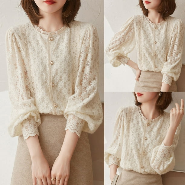 Tops para adolescentes,Blusa de encaje para mujer, elegante top de cuello redondo, camisa de manga larga con botones, mezcla de poliéster, ropa informal, sopatenor